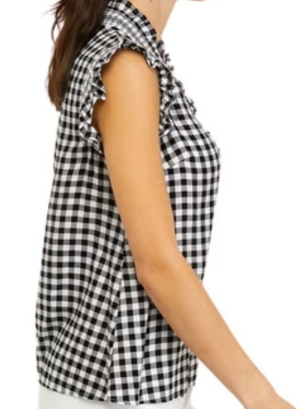 Crown & Ivy Black White Gingham Smocked Ruffle Sleeveless Top - Picture 3 of 12
